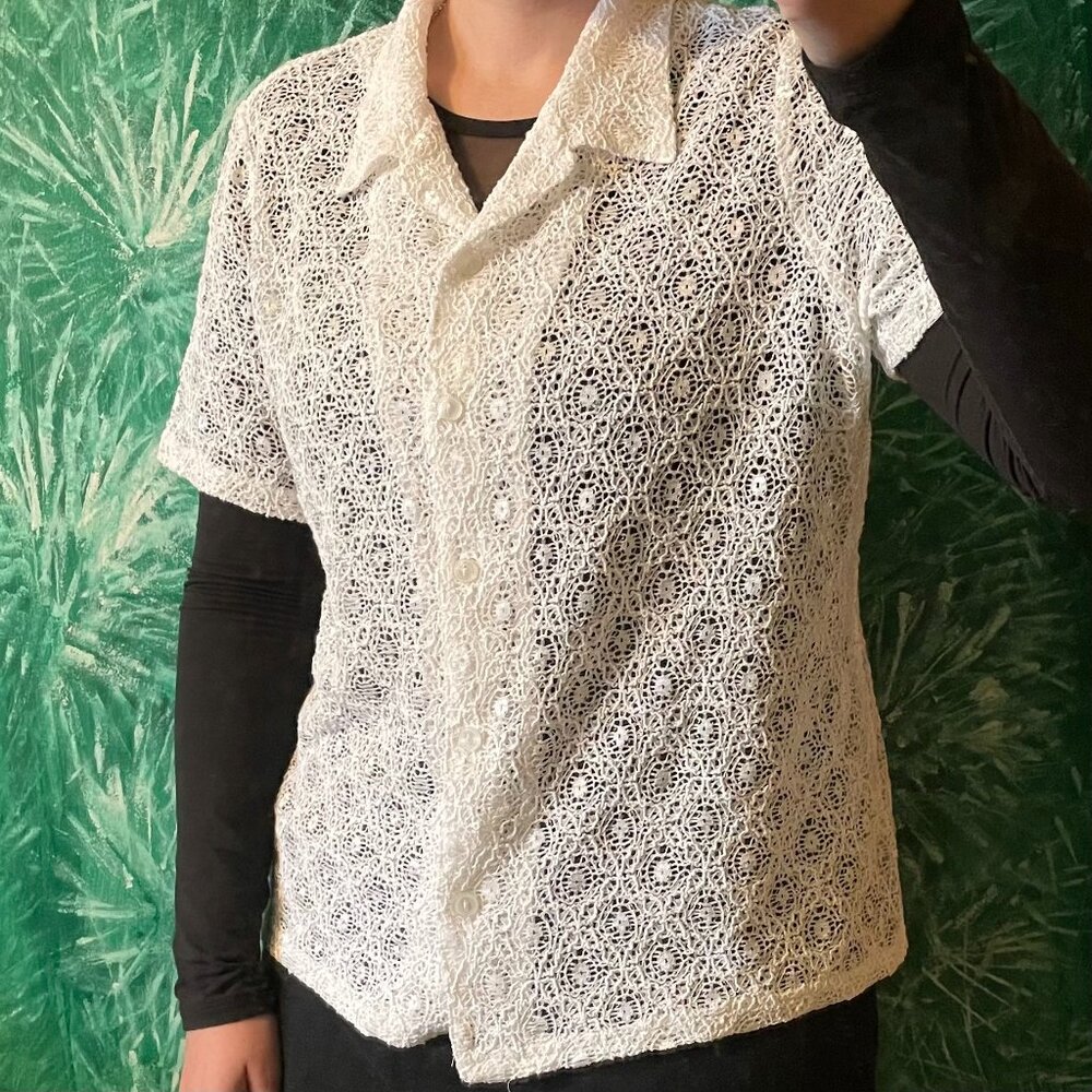 White Mesh Button Up Short Sleeve Collared Blouse